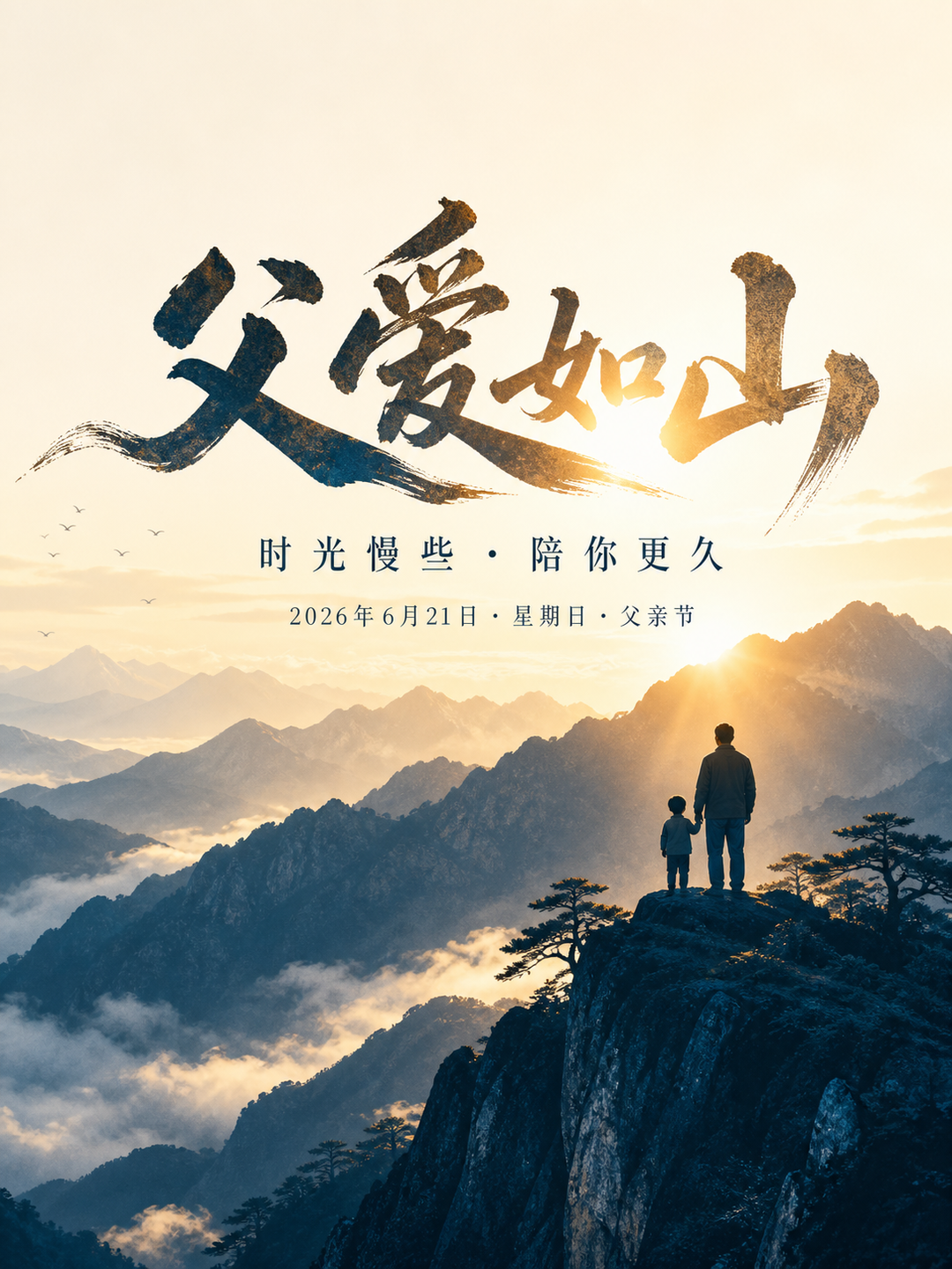 父子站在山巅的父亲节主题海报